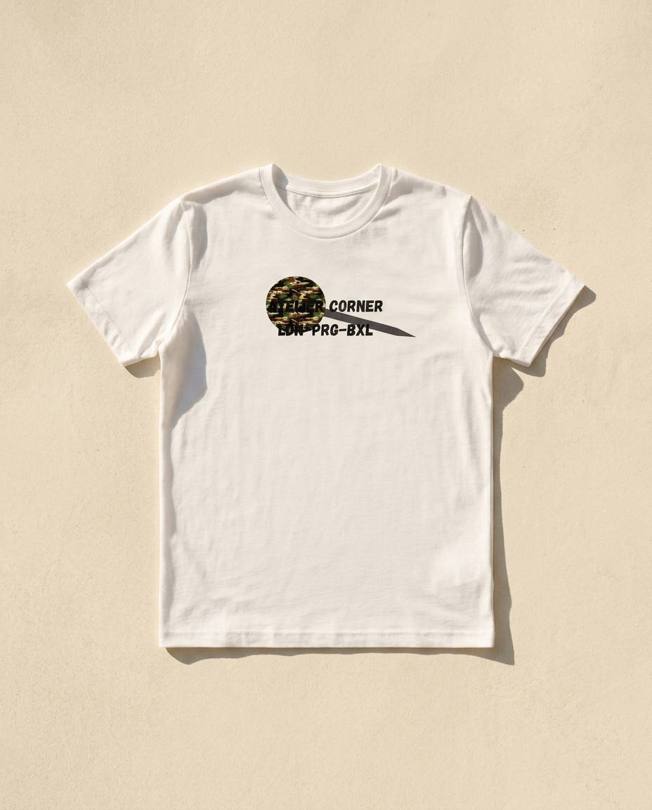 White Atelier Corner t-shirt with a green woodland camo disc print, flat-laid on a cream surface